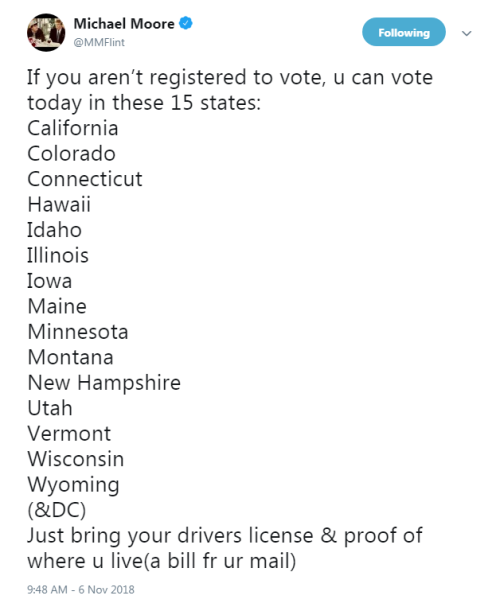 “If you aren’t registered to vote, u can vote today in these 15 states: California Colorado Connecti