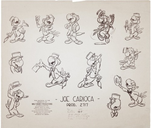 Model sheet for Disney’s José (Joe) Carioca.The character appeared in both Saludos Amigos (1942) and