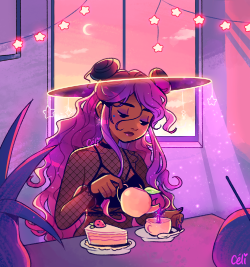 pianta:  pianta:  🍑☕ friday night 🌙✨     ★ twitter | ko-fi | ig | prints ★     revisiting one of my oldest OCs, Azael! she’s a fallen angel who wears her halo as a witch hat and now spends her days alone ✨