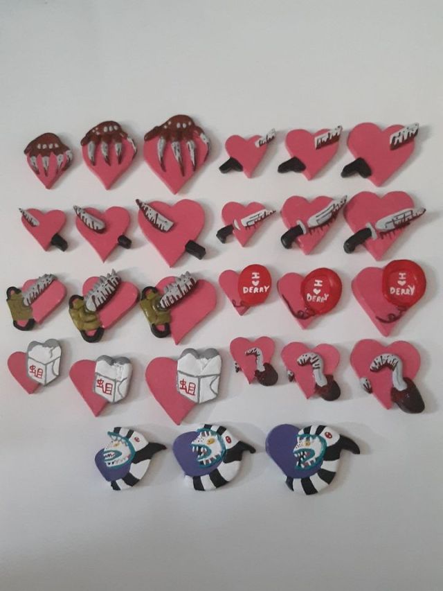 Valentines day is coming up I have made these magnet and pin sets for those who love horror movies.  All are made from oven baked clay and painted with acrylic paint.   Sets sold as: Small size: set of 3 for $7 (+$1 shipping fee per piece)Medium size: set of 3 for $10 (+$1 shipping fee per piece)Large size: set of 3 for $12 (+$1 shipping fee per piece) #handmade#handmade art #oven baked clay #polymer clay#horror art#horror movies#80s horror #nightmare on elm street  #friday the thirteenth #ghostfacescream #michael myers halloween #candyman #the lost boys #pennywise it #texas chainsaw massacre #beetlejuice#sandworm#freddy krueger#jason voorhees#leatherface#michael myers#ghostface#pennywise #the lost boys david #beetlejuice sandworm#candyman movie#handmade magnets#handmade pins#art #artists on tumblr