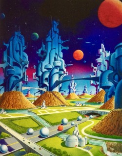 retroscifiart:  ‘Tower City’ 1968, by Alex Schomburg for &lsquo;Isaac Asimov’ by James Gunn. Image from The Chesley Awards Retrospective