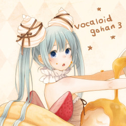 VOCALOID、初音ミク、mizutama ko、１：１アスペクト比、ドレス、バスト、リボン、シロップ、フルーツ、ボウタイ、アーガイル、チョーカー、パンケーキ、ヘアリボン、ロングヘア、ツインテール、ブラウンドレス、アーガイルバックグラウンド、brown