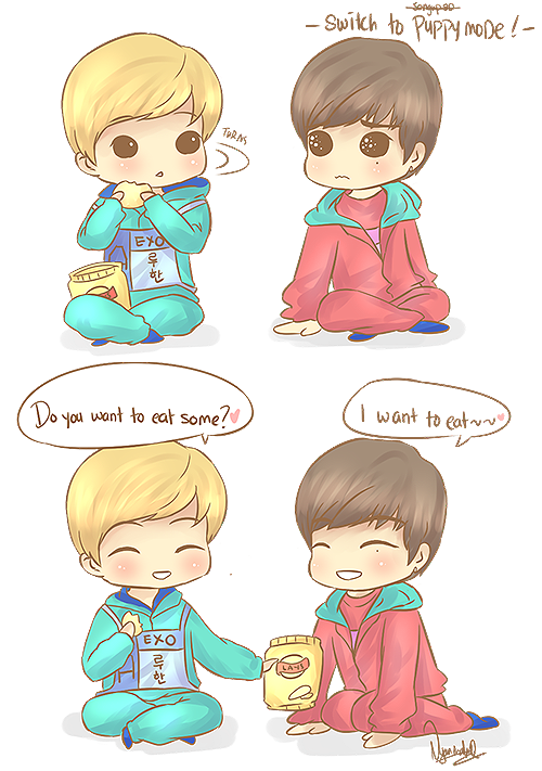 nyanmako:   Good Guy Luhan and conman Daehyun  idk what kind of snacks they ate but let’s just pretend it was potato chips 