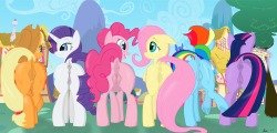 contortionista-blossomforth:  The mane six plotline~  Casually waiting for something in Ponyville, hooray for naturally nude ponies? CLICK IMAGE FOR FULL RES~ ———————————————————- This was a lot of fun to make, and