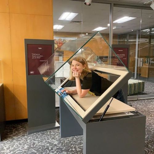 We got to practice a little exhibit yoga while cleaning the cases and installing the newest exhibit 