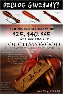 touchmywoodshibukitoro:    TouchMyWood.com GIVEAWAY - REBLOG THIS POST to be entered for a chance to win a ษ, ุ, or ๑ gift certificate, to spend any way you see fit, at www.TouchMyWood.com. One (1) reblog equals one (1) giveaway entry. Unlimited