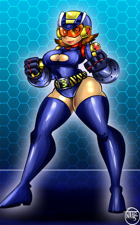   megaman fuse with a virus called “Handy”She has an explosive punches and an explosive thighs. you can say she’s… Bombastic… *cricket chirps…*  