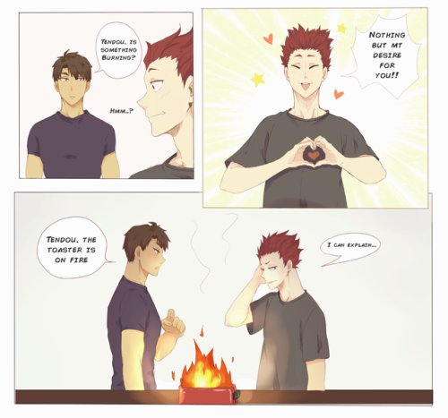 nihui-223art:This is the story about why Tendou and Waka had to buy a new toaster (This is based in 