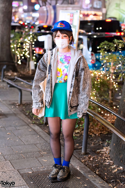 Black acid wash jacket, floral top &amp; leopard print shoes in Harajuku.