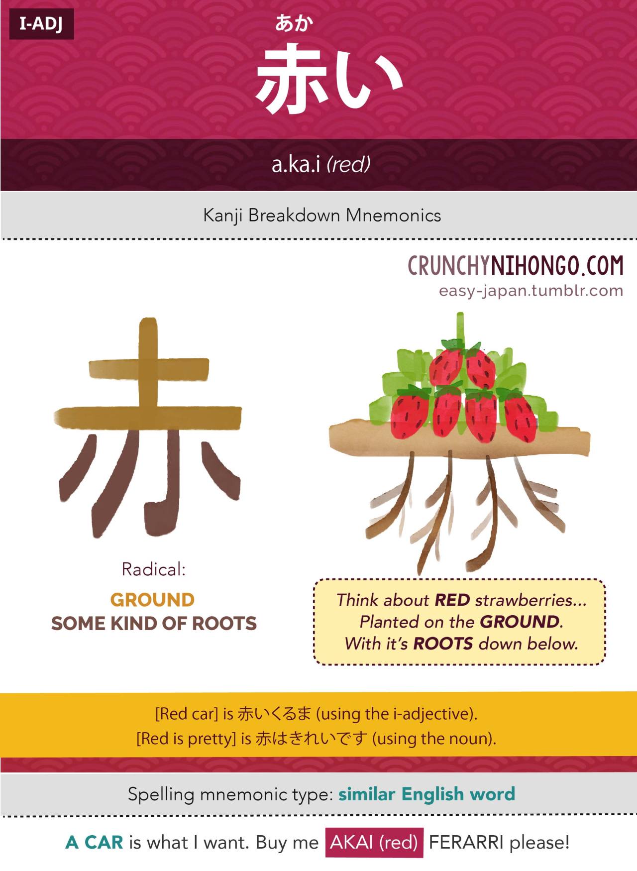 Crunchy Nihongo! — Note that there are both AKA and AKAI. What is...