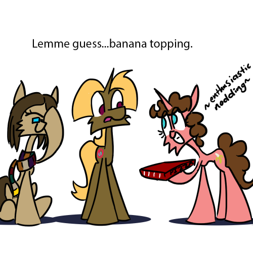 askbutdonthug:  [75 questions remain] Anything but bananas, Abbess.  Anything but bananas.  They give me gas.((Guest appearances by: http://askbananapie.tumblr.com/andhttp://ask-doctor-dimension.tumblr.com/ ))  x3!