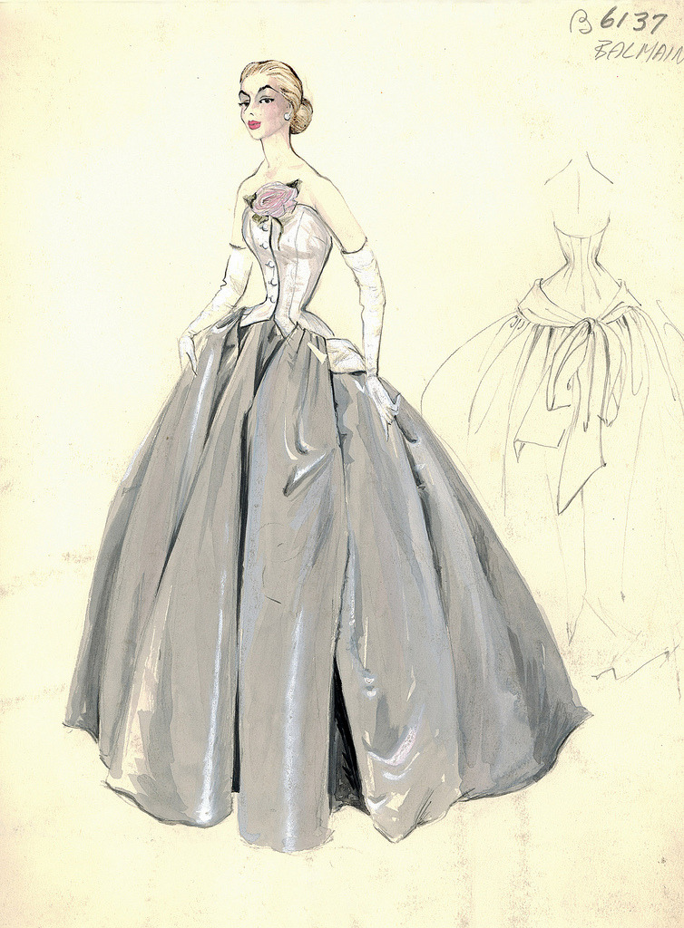 The Nifty Fifties — Evening gown sketch by Balmain for Bergdorf...