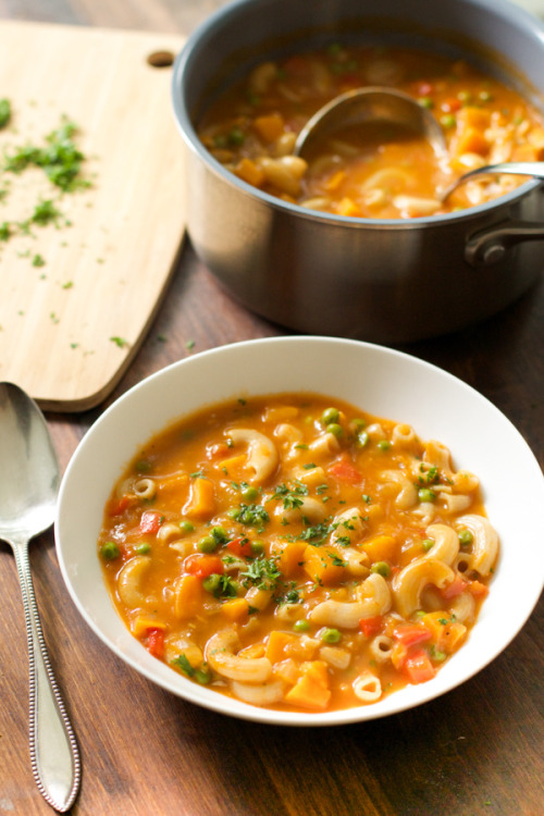 Pasta soup with sweet potato and peas