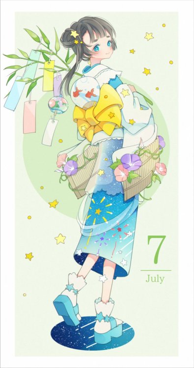 Months gijinka by Shiraho, each full of monthly symbols :April - spring season: sakura, butterfly an