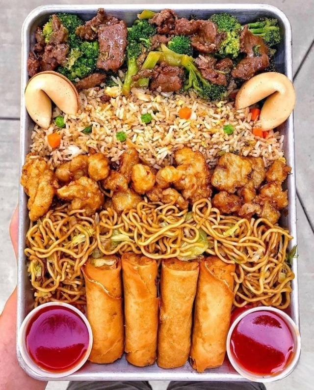 yummyfoooooood:Spring Rolls, Chow Mein, Fried Rice, Beef & Broccoli and Chicken, with Sweet & Sour Sauce 