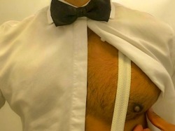 bigdong:  When you want to wear a formal shirt and bow tie but your big long thick nipples pops out