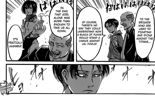  Shingeki no Kyojin Chapters 51, 54, & 57Levi’s knowledge that all three Ackermans can potentially (Or already) fall into the definition of “serial killers”  It’s interesting that the observations come exactly three chapters