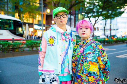 Japanese couple Masao and Takako on the street in Harajuku wearing kawaii matching looks with faux f