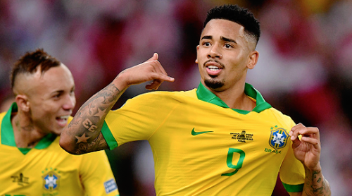 Gabriel Jesus of Brazil celebrates after scoring the second goal of his team during the Copa America