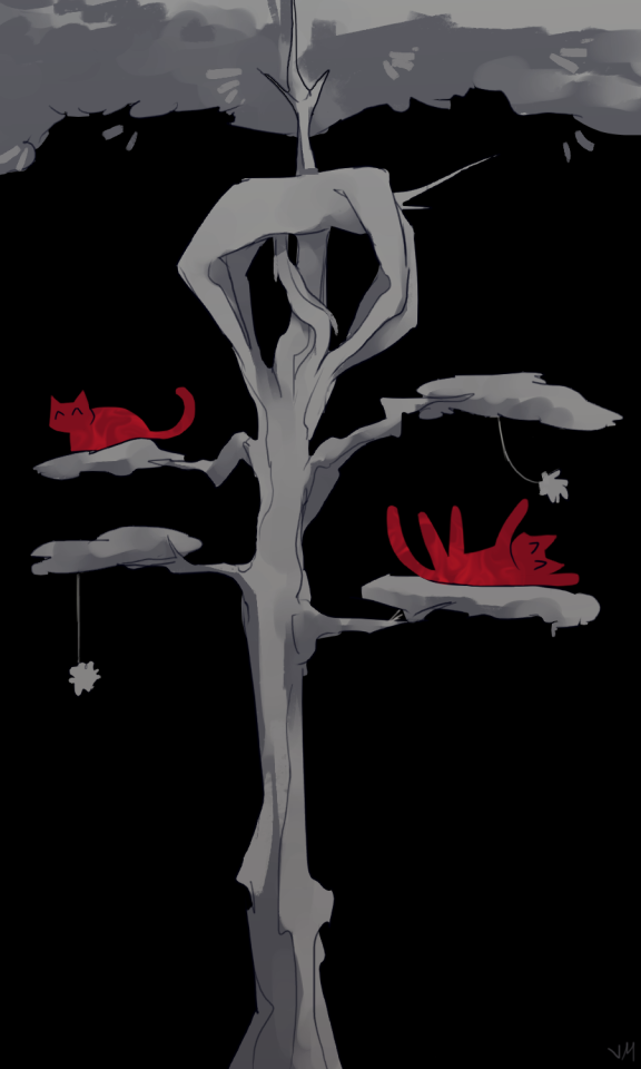 the next doodle is of the blood trees in the third level of the violence layer. not much is changed except for the body at the top gaining a tail, but its branches resemble platforms, with cat toys dangling from them, almost like a usual cat tree. there are two simple shaped blood cats on the platforms, one as a loaf, and the other playing with one of the dangling toys. the background is completely black
