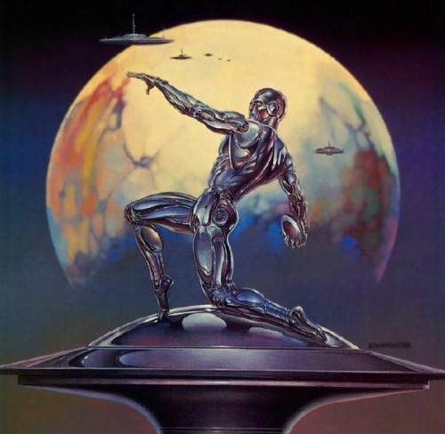 70sscifiart: Giant chrome discus throwers are actually behind UFOs. Boris Vallejo.