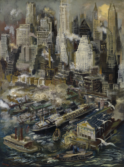 thunderstruck9:George Grosz (German, 1893-1959), New York Harbor, 1936. Oil on board, 78.6 x 59.2 cm