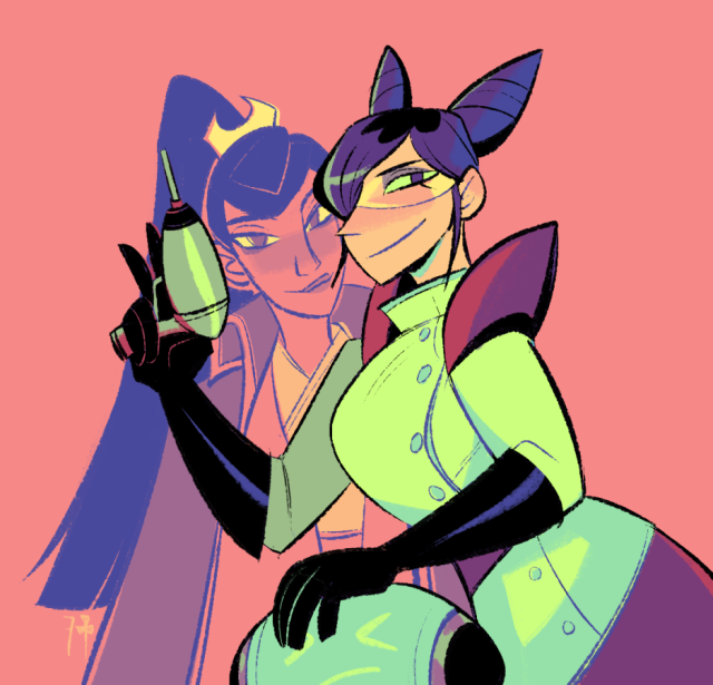 Aura Blackquill and Metis Cykes in a bright, neon highlighter color scheme. Smirking Aura is in front, leaning forward and steadying herself with one hand on Clonco, the other holding up her blaster-drill-gun thing. Metis, wearing the GYAXA jacket, stands behind Aura framed between her raised hand and face, looking directly at the viewer with a calm smile.