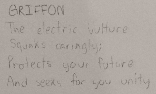 A poem titled "Griffon" that reads: "The electric vulture, squaks caringly; Protects your future, and seeks for you unity."