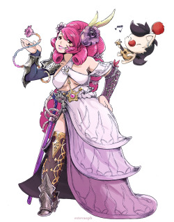 estevaopb:  Final Fantasy Rose (and familiar)! Her primary class is Bard, specialized in singing. Her pink Materia confers healing and protective magic. She also has the Paladin secondary class, and can conjure magic shields and smite evil. She summons