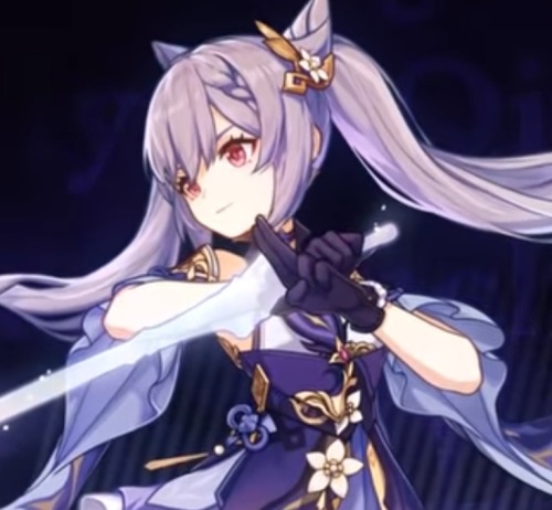 ID: [four Keqing Icons. The First Is From Her Teaser, And Is Her Looking To The Left And Smiling Whilst