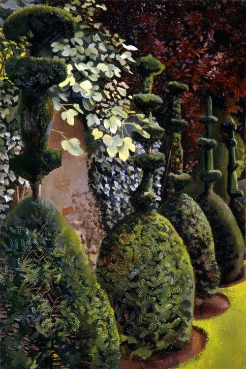 Clipped Yews   -   Sir Stanley Spencer , 1935.British 1891-1959Oil on canvas , 26,2  x  50,7 cm.