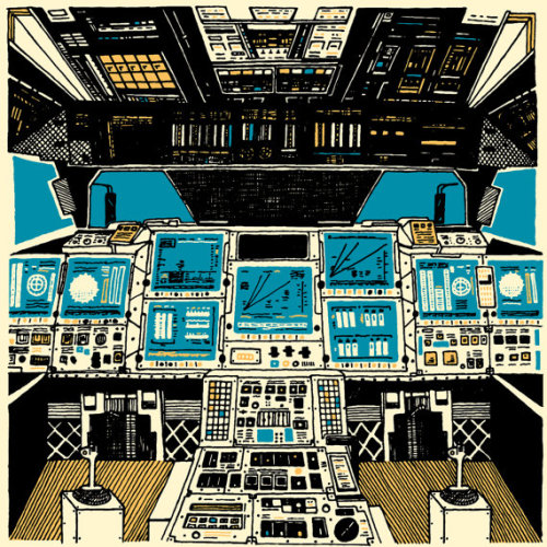 To Outer Space : hand-pulled print of spaceshuttle cockpit illustration(18in x 18in)$40.00