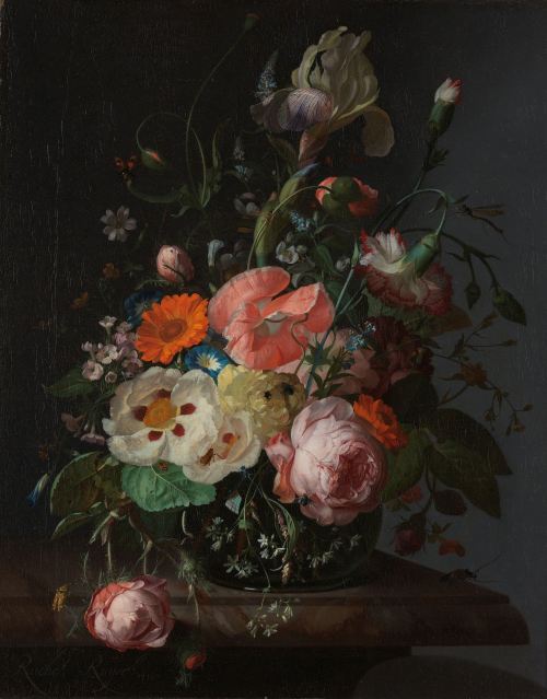 rubenista:Rachel Ruysch, Still Life with Flowers on a Marble Tabletop (detail), 1716. Oil on canvas,