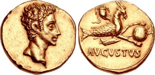 archaicwonder:Gold Aureus of Augustus, minted at Tarraco in 17-16 BCAugustus in profile. On the reve