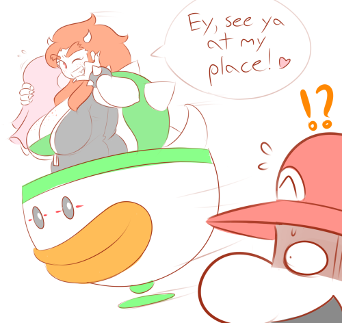 theycallhimcake:  I like to imagine Lady Bowser having a huge crush on Mario, and kidnapping the princess for the sole purpose of giving him an excuse to come over.And of course she’s freckly. 
