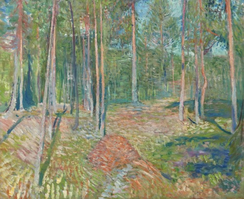 wetreesinart:Edvard Munch (Norwegian, 1863 - 1944), Furuskog [Pine Forest], c. 1891 - 1892, oil on canvas, 58.5 x 72.5 c