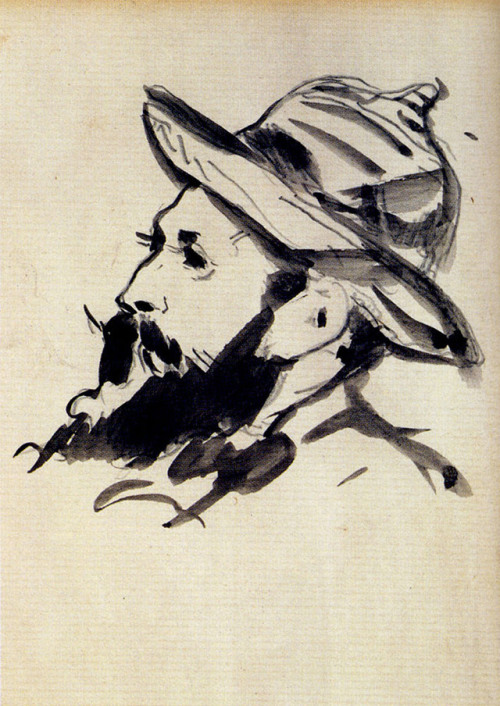 artist-manet: Head of a Man (Claude Monet), 1874, Edouard ManetMedium: pen,ink,paper