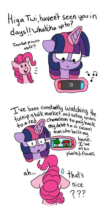 pink-pone:Twilight discovers Animal CrossingDeleted scene from the comic: Pinkie forcefully tucking 