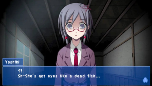 A screenshot showing Naho Saenoki from Corpse Party standing, staring, in an empty school hallway. The text in front of her, spoken by Yoshiki, reads "?! Sh-She's got eyes like a dead fish..."