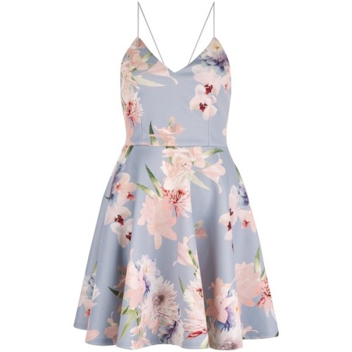 Light Grey V Neck Floral Print Skater Dress ❤ liked on Polyvore (see more v neck dresses)