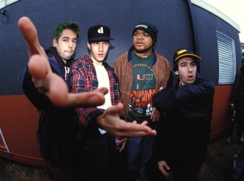 Beastie Boys backstage with DJ Hurricane standing behind at the Reading Festival in Reading, Berkshi