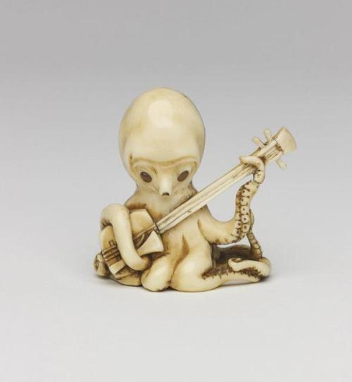 bibidebabideboo:“Octopus playing a shamisen, 19th Century Japanese Netsuke attributed to ‘Somin’ “ (