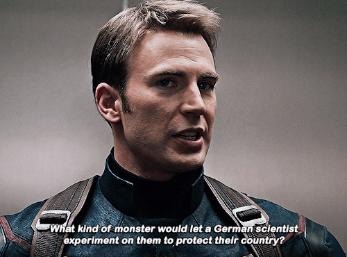 gif 8 of 10. Steve asks, half amused, "what kind of monster would let a German scientist experiment on them to protect their country?".