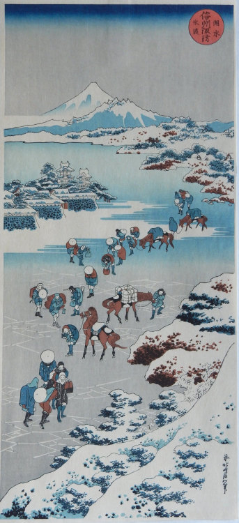 ukiyoesalon: Japanese Ukiyo-e Woodblock print, Hokusai, “Crossing the Ice on Lake Suwa in Shi