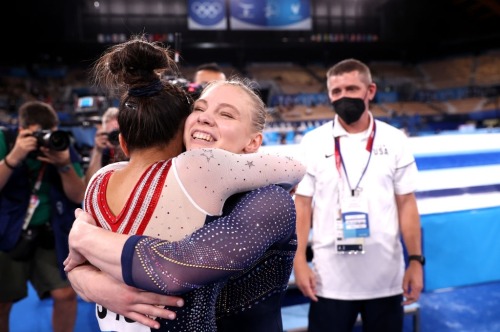 agathacrispies:Jade Carey of Team USA hugs her teammate, Sunisa Lee, after Lee won the gold medal in