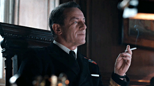 Jason Isaacs as Admiral Godfrey in Operation Mincemeat. (2022) #jason isaacs#operation mincemeat#jasonisaacsedit#jisaacsedit#operationmincemeatedit#admiral godfrey#mygifs#tw: smoking#🥴🥴🥴 #i hate smoking... and yet.... when he does it i lose my mind
