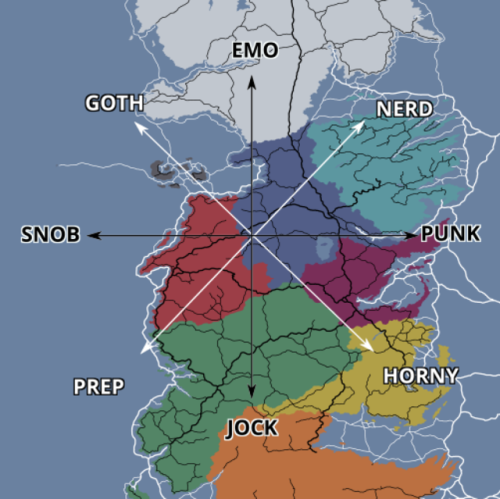 ladyofdragonstone:A map of the anthropology of the Seven Kingdoms. 