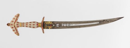 art-of-swords:  Dagger with SheathDated: late 17th centuryCulture: Hilt, Indian, Mughal; blade, Turkish or IndianMedium: Steel, nephrite, gold, rubies, emeralds, silver-gilt, leatherMeasurements: overall length 17 inches (43.18 cm)Source: Copyright ©