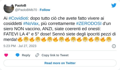 Ai #Covidioti: dopo tutto ciò che avete fatto vivere ai cosiddetti #NoVax, più correttamente #ZERODOSI d'un siero NON vaccino, ANZI, siate coerenti ed onesti: FATEVI LA 4° e 5° dose! Sennò siete degli ipocriti pezzi di merda!🔥😤🔥😤🔥😤🔥😤🔥😤🔥😤🔥😤🔥😤  — PaoloB (@PaoloBMb70) July 27, 2023