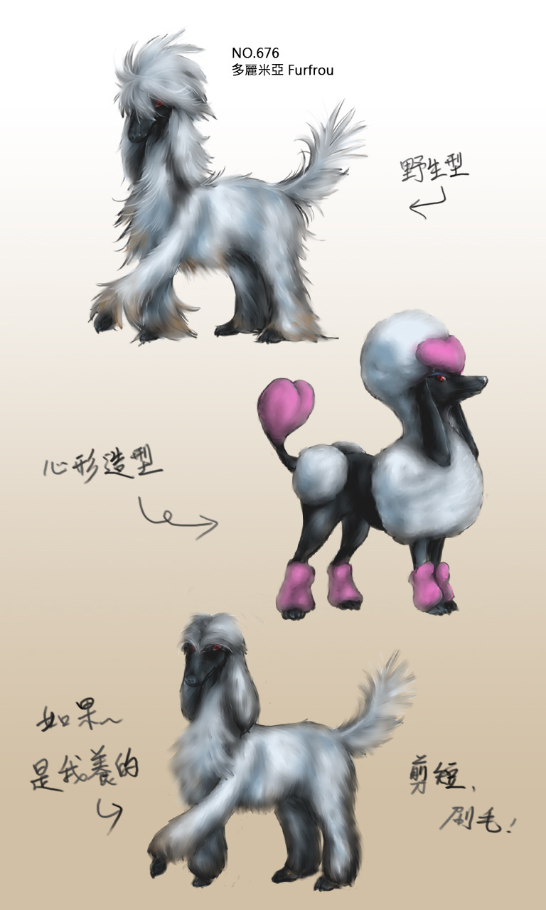 寫實犬科Pokemon：676多麗米亞
這次參考了阿富汗獵犬和貴賓犬。另外對於寵物，我不支持過度的美容(例如染燙)，只適度的修整是有利健康和活動，普通也無妨。